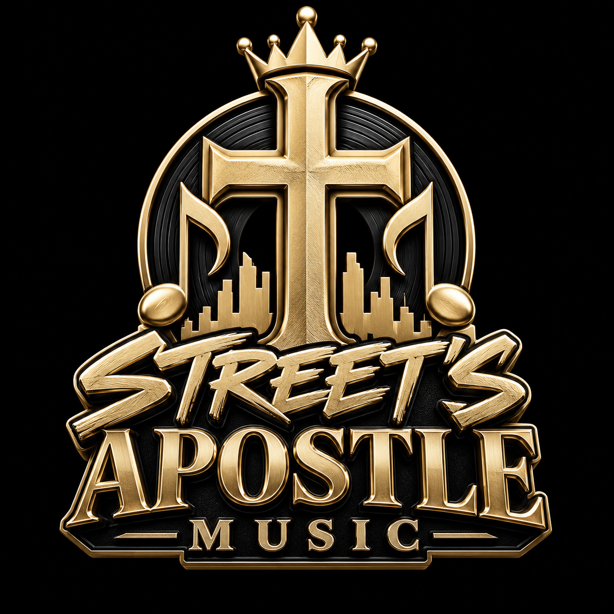 Street’s Apostle Music gold emblem with a cross, crown, vinyl record and city skyline